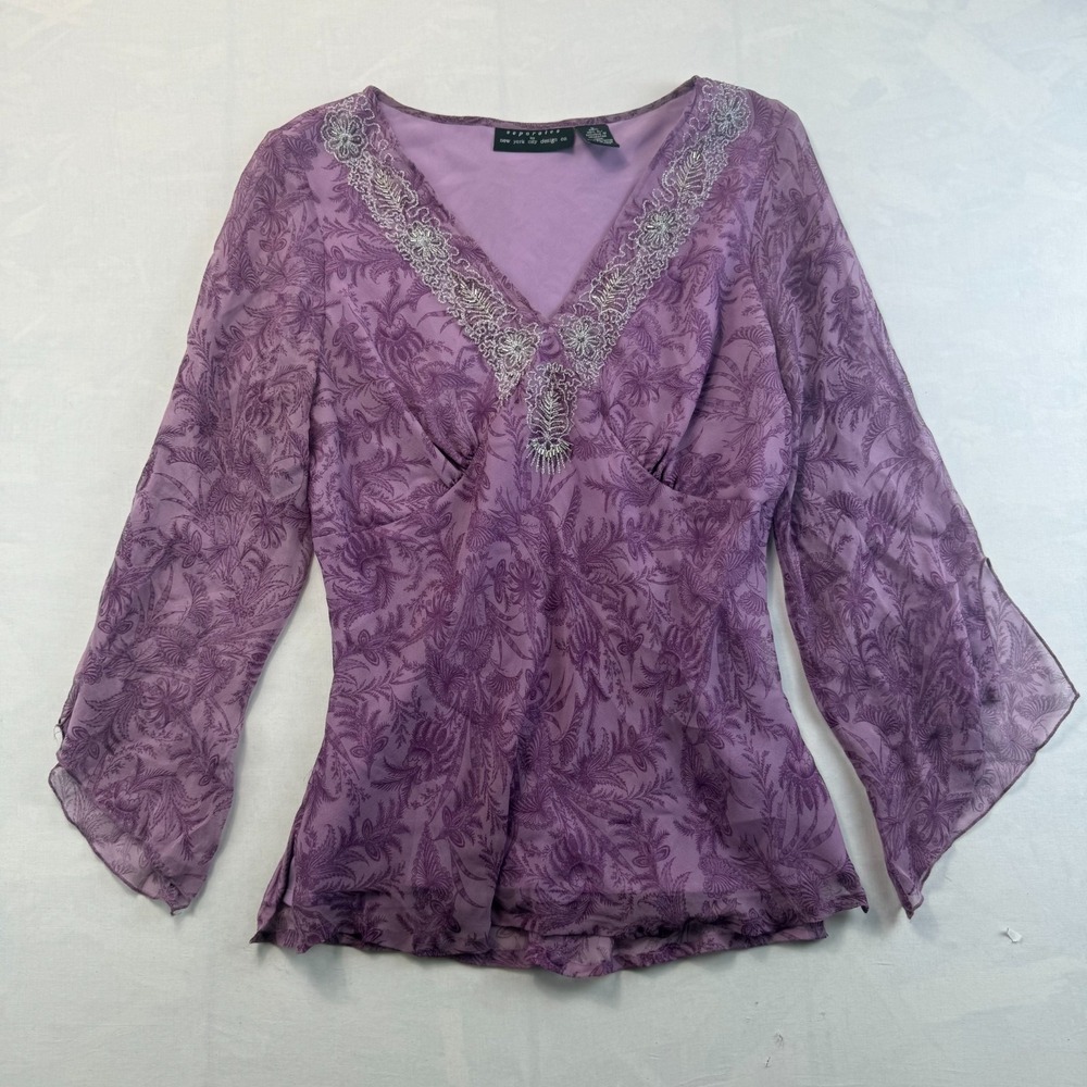 Separates by New York City Design Co. Blouse Womens L Purple Floral Silk Beaded